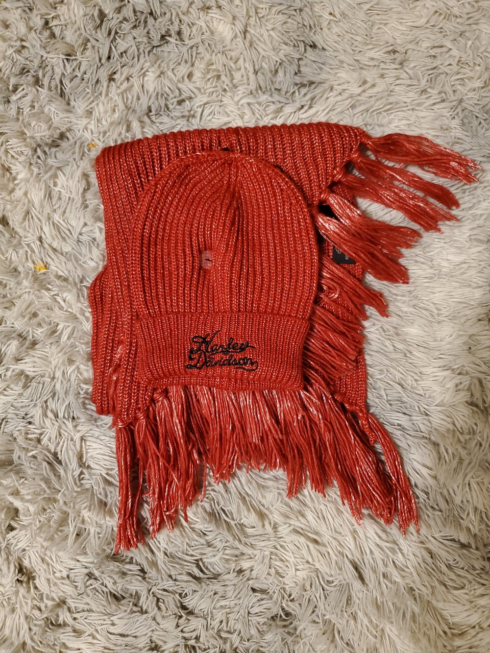 NWT Harley-Davidson Red Knit Beanie with Fringe Scarf Set